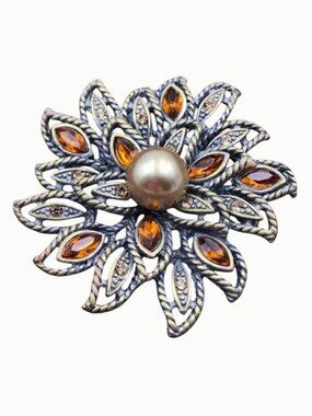 Flower Brooch Champagne Pearl Citrine Rhinestones  2-1/8" Art Deco Filigree
